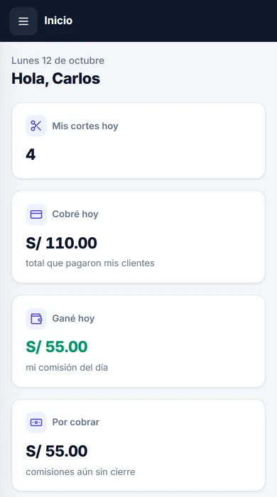 App del barbero en el celular: cortes de hoy, lo que cobró y su comisión del día