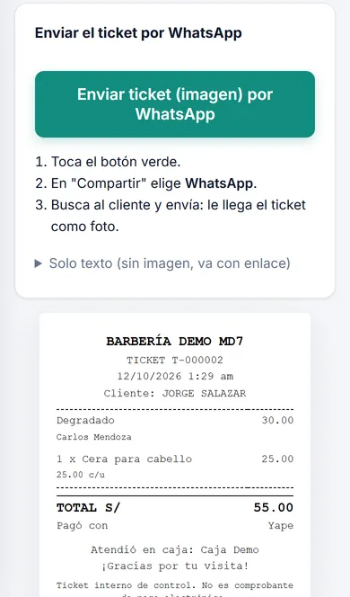 Ticket de la barbería listo para enviar como imagen por WhatsApp